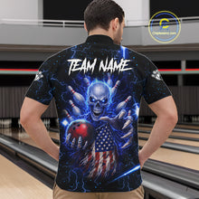 Load image into Gallery viewer, Blue Lightning US Flag Skull Bowling Shirt For Men Custom Bowling Team Jersey Polo &amp; Quarter Zip TDM6232