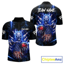 Load image into Gallery viewer, Blue Lightning US Flag Skull Bowling Shirt For Men Custom Bowling Team Jersey Polo &amp; Quarter Zip TDM6232