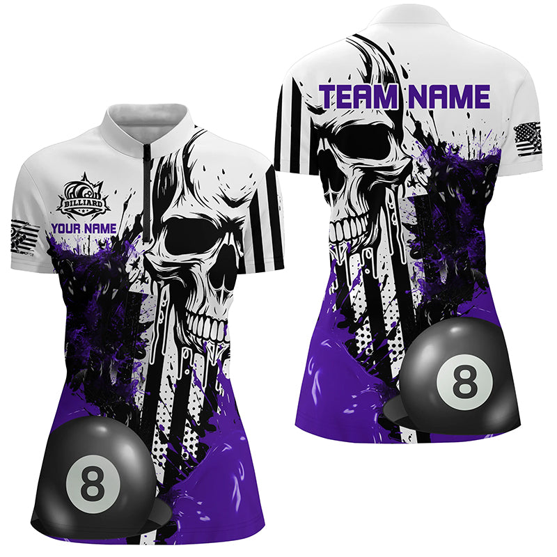 Personalized Purple Grunge Skull Billiards Shirts For Women Custom Retro Billiard Team Jerseys Attire TDM1565