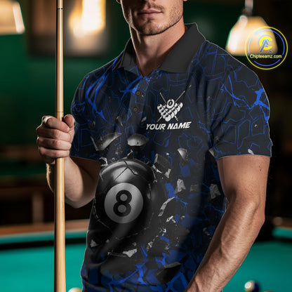 Man wearing a blue crack 8 ball billiard jersey during pool league play front view.