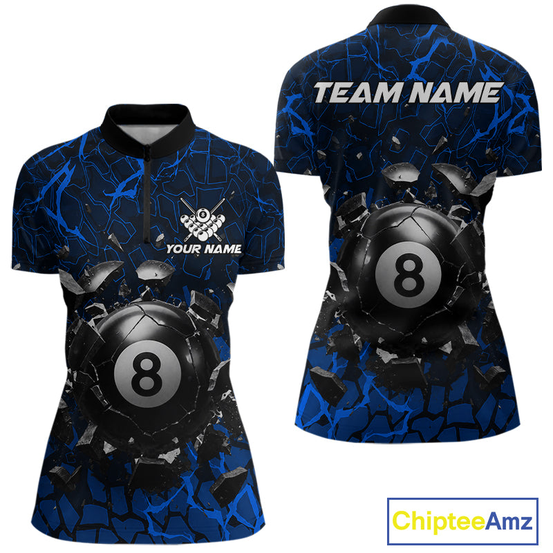 Blue crack 8 ball billiard quarter zip shirt for women built for pool tournaments and league competition.