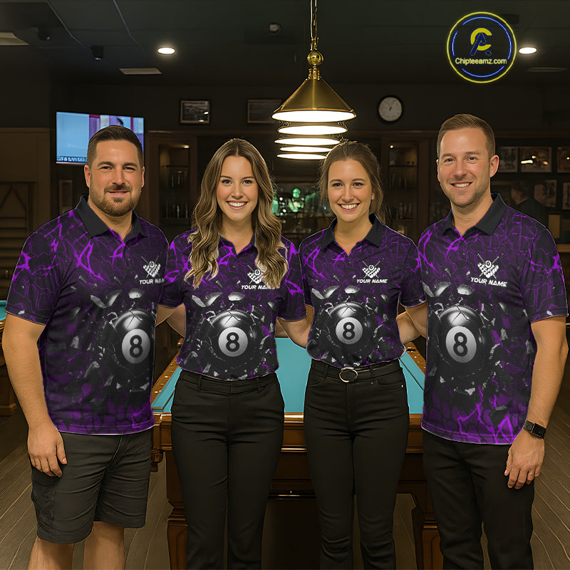 Pool team wearing matching purple crack billiard jerseys during league play front view.