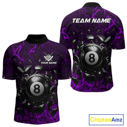 Purple crack 8 ball billiard quarter zip shirt for men designed for competitive tournaments and team matches.