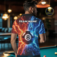 Load image into Gallery viewer, Man wearing blue and orange lightning 8 ball pool billiard polo shirt back view.
