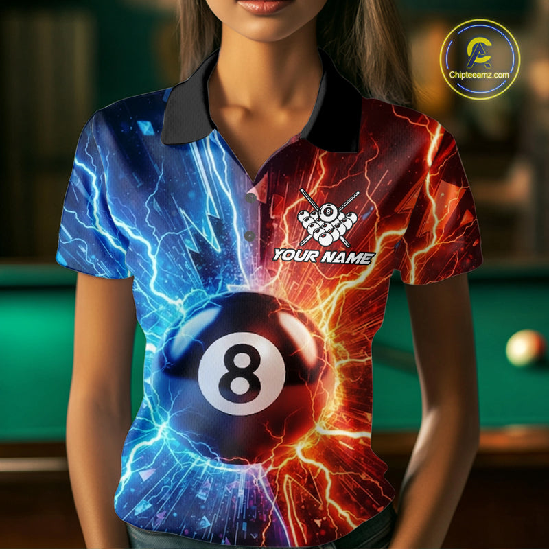 Woman wearing blue and orange lightning 8 ball pool billiard polo shirt front view.
