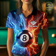 Load image into Gallery viewer, Woman wearing blue and orange lightning 8 ball pool billiard polo shirt front view.