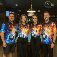 Load image into Gallery viewer, Billiard team wearing matching blue and orange lightning 8 ball and 9 ball jerseys front view.