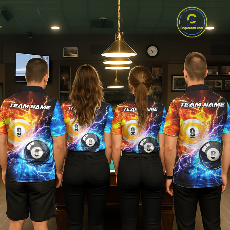 Billiard team wearing matching blue and orange lightning 8 ball and 9 ball jerseys back view.