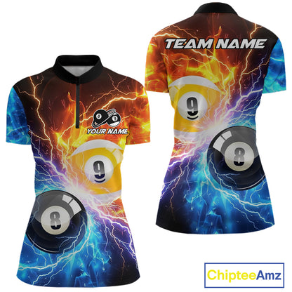 Custom blue and orange lightning 8 ball and 9 ball billiard quarter zip shirt for women, personalized pool team jersey.