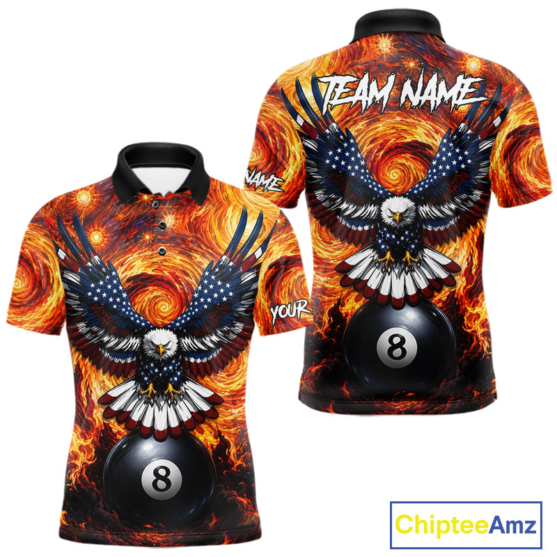 Custom fire flame red 8 ball US flag eagle billiard pool team jersey polo shirt for men, personalized billiard league apparel.