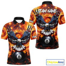 Load image into Gallery viewer, Custom fire flame red 8 ball US flag eagle billiard pool team jersey polo shirt for men, personalized billiard league apparel.