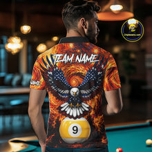 Load image into Gallery viewer, Man wearing custom fire flame red 9 ball US flag eagle billiard polo shirt back view.