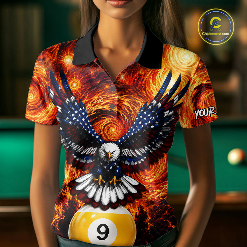 Woman wearing custom fire flame red 9 ball US flag eagle billiard polo shirt front view.