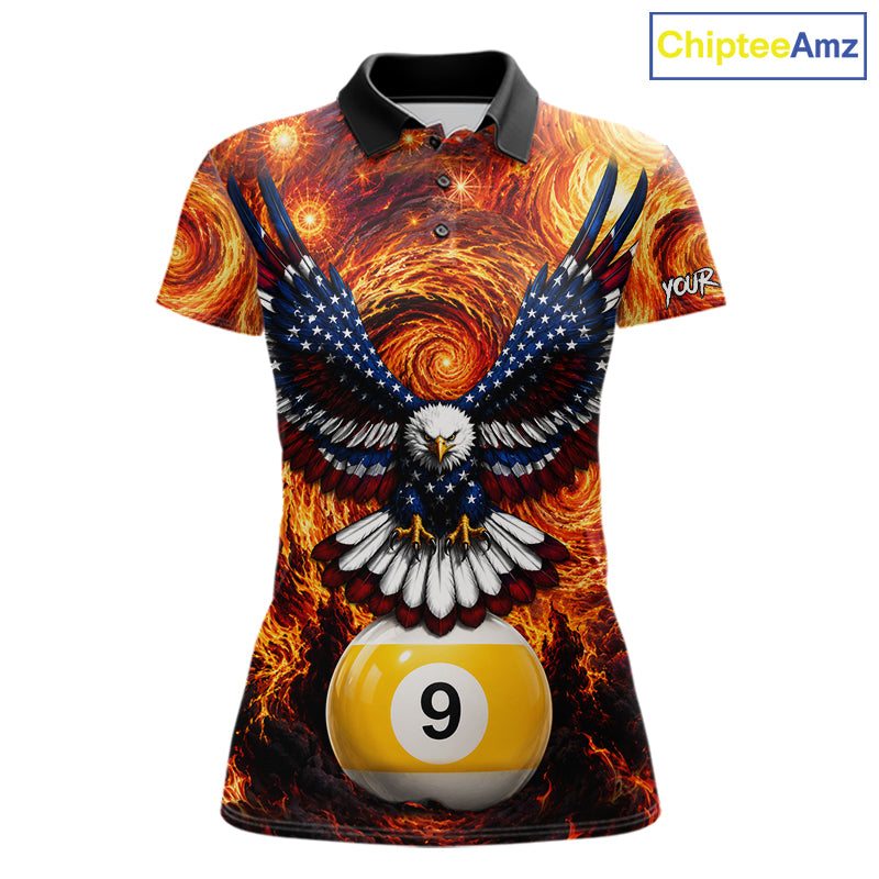 Custom fire flame red 9 ball US flag eagle billiard pool team jersey polo shirt for women, personalized billiard league apparel and tournament jersey.