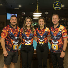 Load image into Gallery viewer, Billiard team wearing matching custom fire flame red 9 ball US flag eagle jerseys front view.