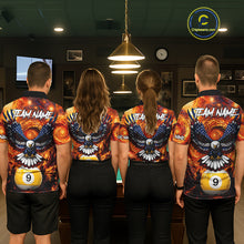 Load image into Gallery viewer, Billiard team wearing matching custom fire flame red 9 ball US flag eagle jerseys back view.