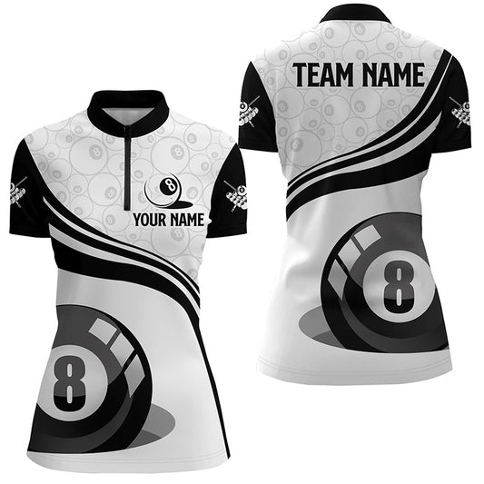 Black White Custom Women Billiard Quarter-Zip Shirt Customized 8 Ball Pool Shirts For Pooler TDM1038