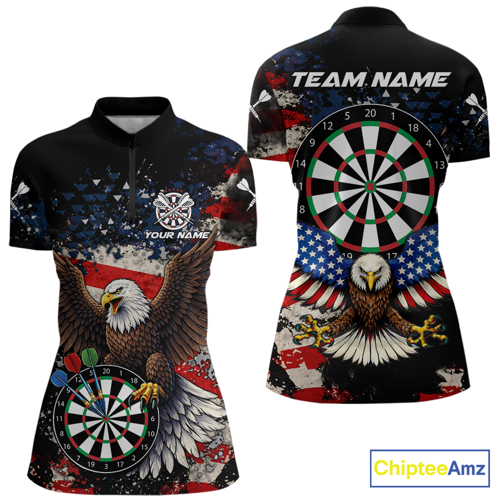 Grunge American Flag Eagle Darts Shirt For Women Custom Patriotic Darts Team Jersey Polo & 1/4 Zip TDM6002