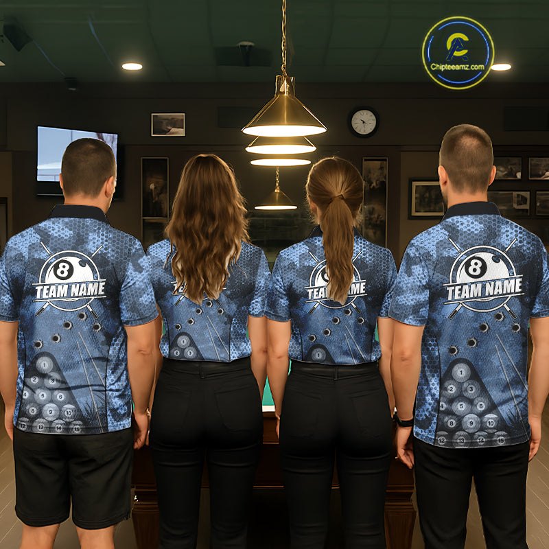 Blue Camo 8 Ball Billiard Shirt For Men Custom Pool Team Shirt, Billiard Jersey Polo & 1/4 Zip TDM6008