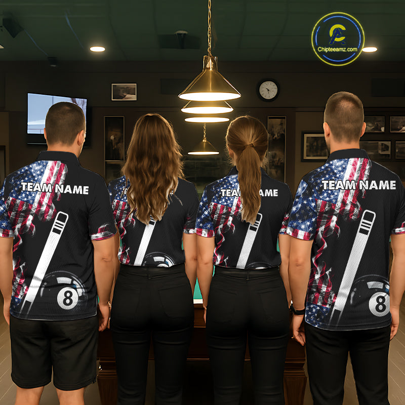 US Flag Smoke 8 Ball Billiard Shirt For Men Custom Patriotic Pool Team Jersey Polo & 1/4 Zip TDM6010