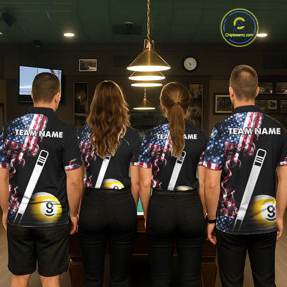 US Flag Smoke 8 Ball 9 Ball Billiard Shirt For Men Custom Patriotic Pool Team Jersey Polo, 1/4 Zip TDM6011