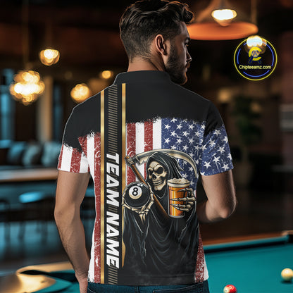 Grim Reaper With Beer Custom 8 Ball Billiard Shirt For Men, US Flag Pool Team Jersey Polo, 1/4 Zip TDM6247