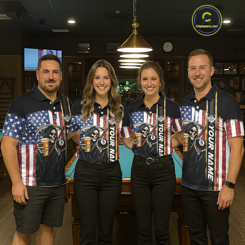 Grim Reaper With Beer Custom 8 Ball Billiard Shirt For Men, US Flag Pool Team Jersey Polo, 1/4 Zip TDM6247