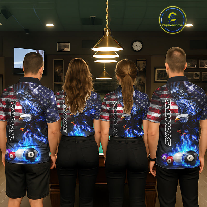 Back view of pool players wearing matching blue flame jerseys in a game room.