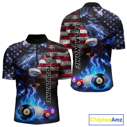 Blue flame billiard quarter zip shirt for men designed for tournament performance and league competition.