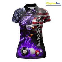 Load image into Gallery viewer, Purple flame American flag eagle billiard polo shirt for women with bold patriotic league graphics.