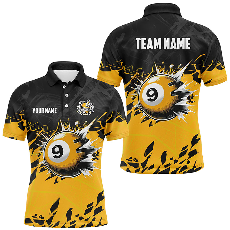 Funny Yellow Black 9 Ball Pool Crack Custom Billiard Shirts For Men, 9 Ball Billiard Jerseys TDM2416