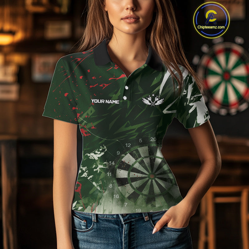 Green Geometric Darts Shirt With Pocket Option Custom Women's Darts Jersey TDM5361