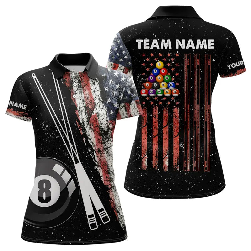 Retro Black Grunge American Flag 8 Ball Pool Women Billiard Shirts Custom Patriotic Billiard Jersey TDM3371