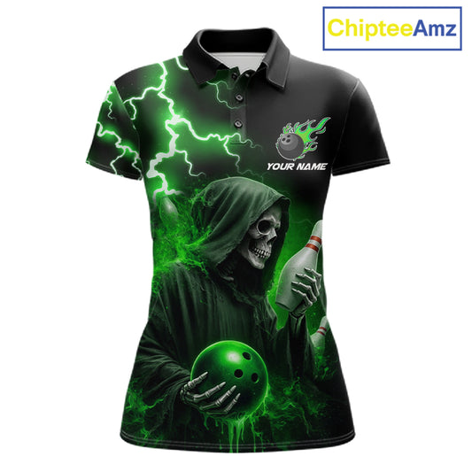 Green Grim Reaper Bowling Shirt For Women Custom Lightning Team League Bowling Jersey Polo, 1/4 Zip TDM5855
