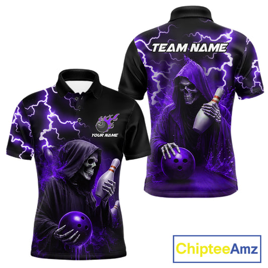 Purple Grim Reaper Bowling Shirt For Men Custom Lightning Team League Bowling Jersey Polo, 1/4 Zip TDM5856