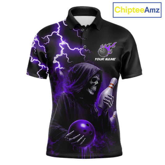 Purple Grim Reaper Bowling Shirt For Men Custom Lightning Team League Bowling Jersey Polo, 1/4 Zip TDM5856
