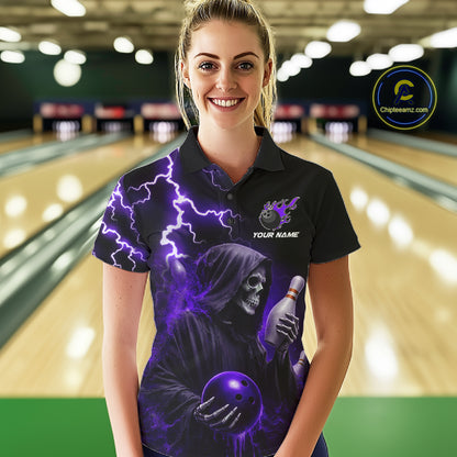 Purple Grim Reaper Bowling Shirt For Women Custom Lightning Team League Bowling Jersey Polo, 1/4 Zip TDM5856
