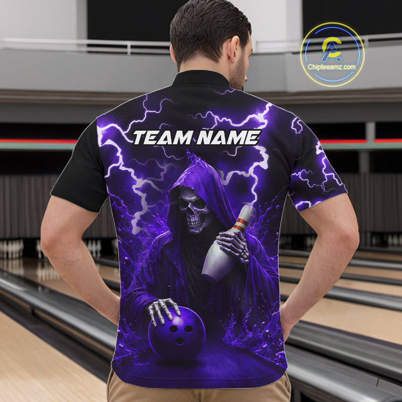Purple Grim Reaper Bowling Shirt For Men Custom Lightning Team League Bowling Jersey Polo, 1/4 Zip TDM5856