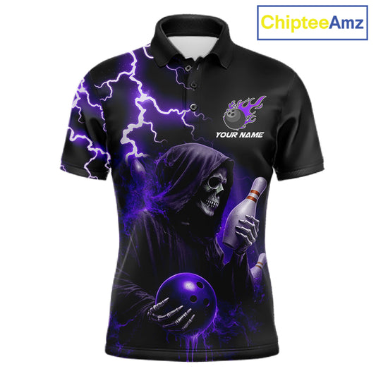 Purple Grim Reaper Bowling Shirt For Men Custom Lightning Bowling Jersey Team Polo & 1/4 Zip TDM5857