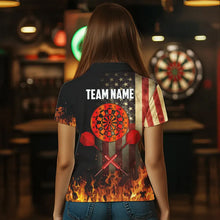 Load image into Gallery viewer, Personalized Retro US Flag Flame Dartboard Darts Shirts For Women, Patriotic American Dart Jerseys TDM3676