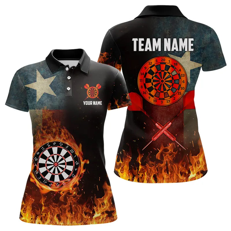 Personalized Retro Texas Flag Flame Dartboard Darts Shirts For Women, Patriotic Texas Dart Jerseys TDM3677