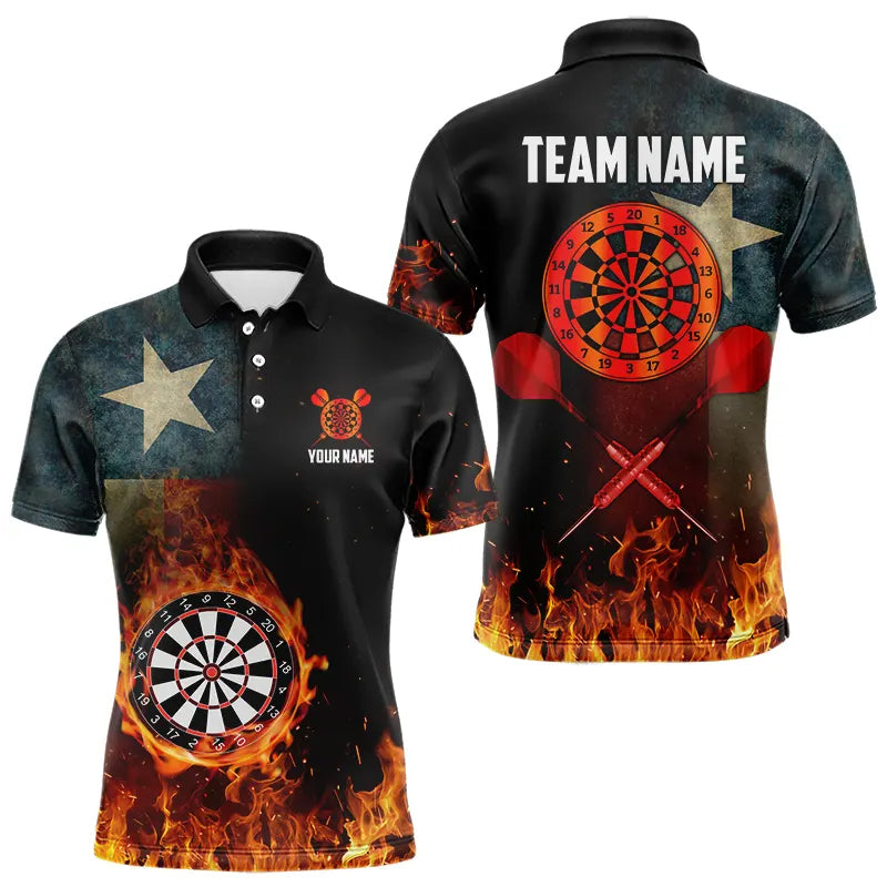 Personalized Retro Texas Flag Flame Dartboard Darts Shirts For Men, Patriotic Texas Dart Jerseys TDM3677
