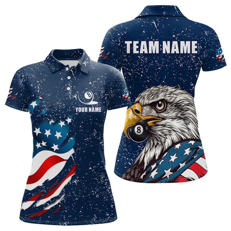Blue Navy Grunge Eagle American Flag Custom Billiard Shirts For Women, Patriotic Billiard Team Shirts TDM3681