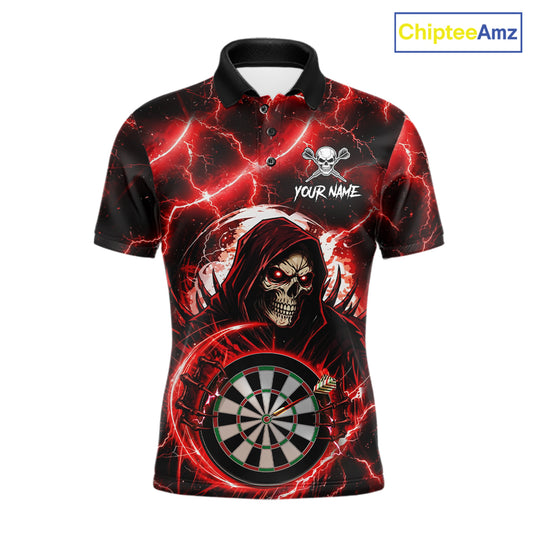 Red Grim Reaper Skull Thunder Lightning Darts Shirt For Men Custom Darts Jersey Team Polo & 1/4 Zip TDM6467
