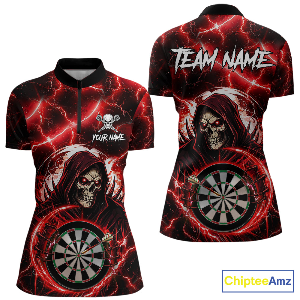 Red Grim Reaper Skull Thunder Lightning Darts Shirt For Women Custom Darts Jersey Team Polo & 1/4 Zip TDM6467