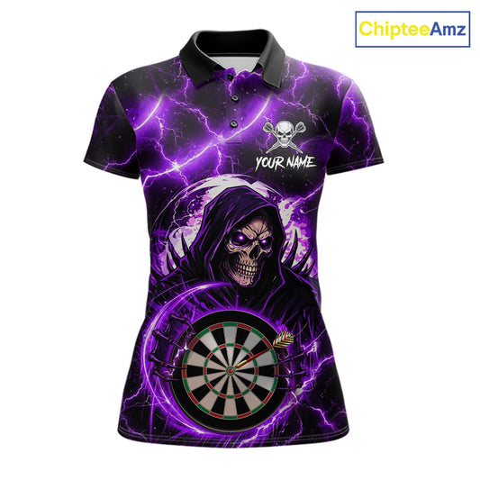Purple Grim Reaper Skull Thunder Lightning Darts Shirt For Women Custom Darts Jersey Polo & 1/4 Zip TDM6468