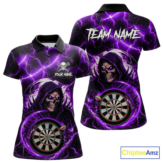 Purple Grim Reaper Skull Thunder Lightning Darts Shirt For Women Custom Darts Jersey Polo & 1/4 Zip TDM6468