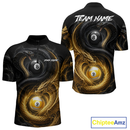 8 ball 9 ball cobra snake and dragon pool billiard quarter zip shirt for men built for tournaments and competitive league play.