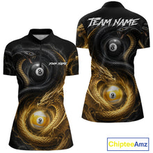 Load image into Gallery viewer, 8 ball 9 ball cobra snake and dragon pool billiard quarter zip shirt for women built for tournaments and competitive league play.