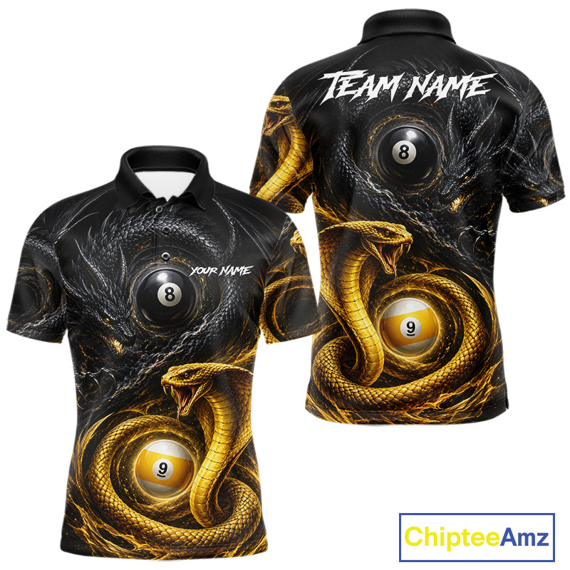 8 ball 9 ball cobra snake and dragon billiard polo shirt for men with custom pool team graphics.